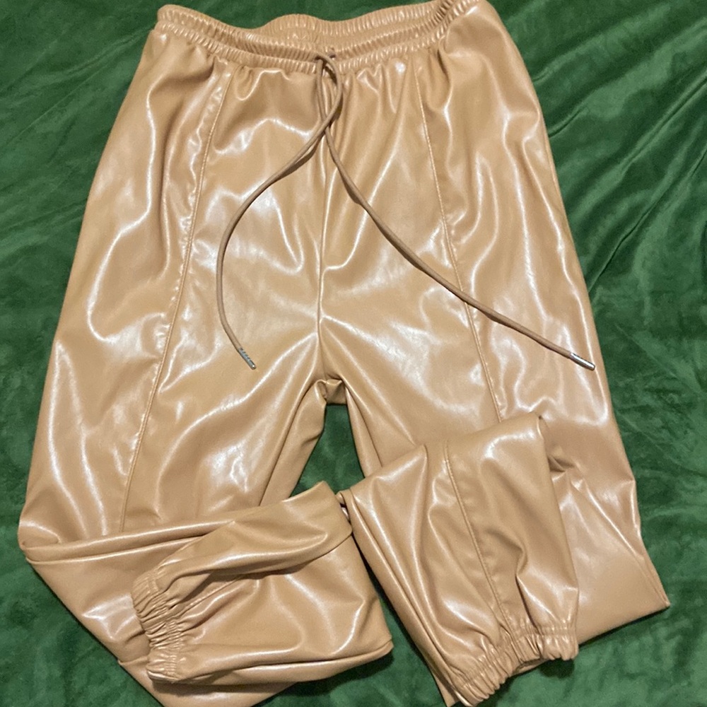 Brown jogger, pants, leather